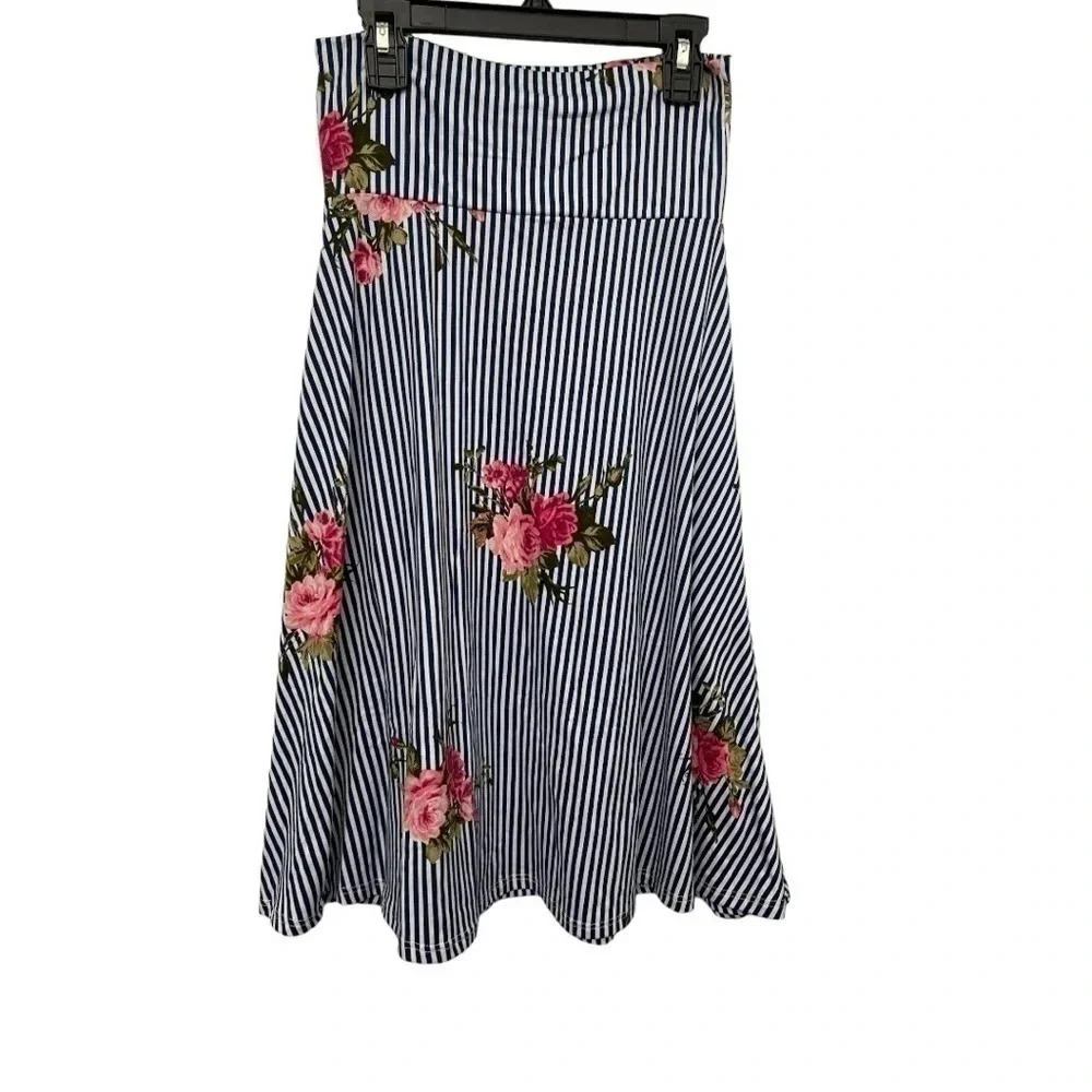 LULAROE Navy & White Stripe Floral Azure Skirt NWOT